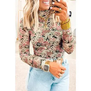 Black Retro Floral Print Mock Neck Mesh Long Sleeve Top