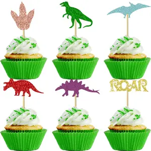 12/24Pcs Dinosaur Cupcake Toppers Glitter Dinosaur Claws Roar Dinosaur Cupcake Picks Theme Birthday Party Cake Decorations Supplies