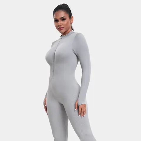 GQF Female Long Sleeve V-Neck Zip Front 1-Piece Jumpsuit - Elastane10%, Gym Workout Apparel, High Neck, Thumbhole V Reveal, Ribbed Leggings, Belly-Control, Comfort Shaping, Booty-Lifting Bodysuit GP40