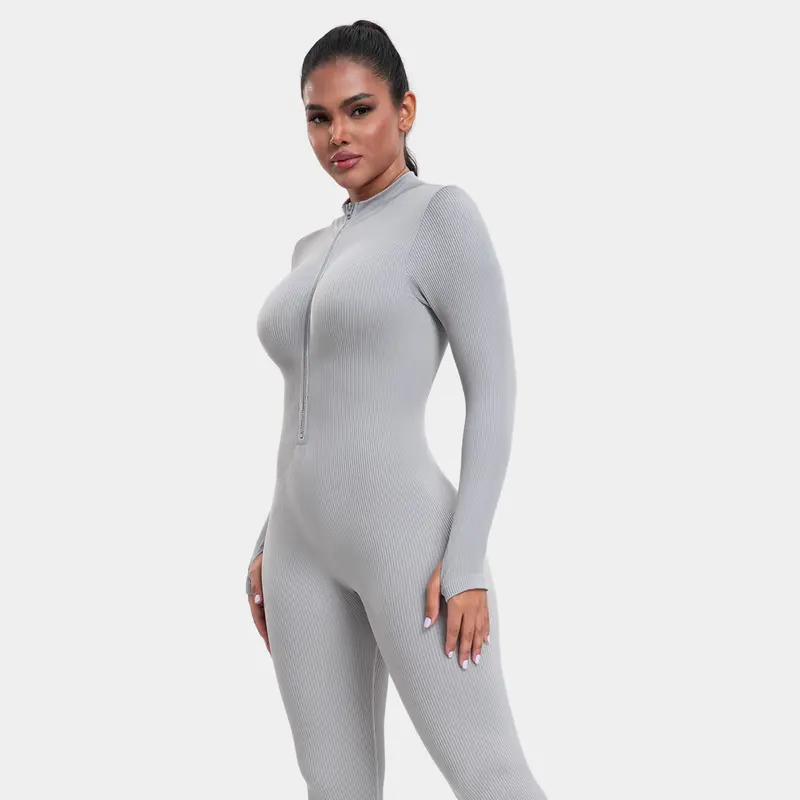 GQF Female Long Sleeve V-Neck Zip Front 1-Piece Jumpsuit - Elastane10%, Gym Workout Apparel, High Neck, Thumbhole V Reveal, Ribbed Leggings, Belly-Control, Comfort Shaping, Booty-Lifting Bodysuit GP40