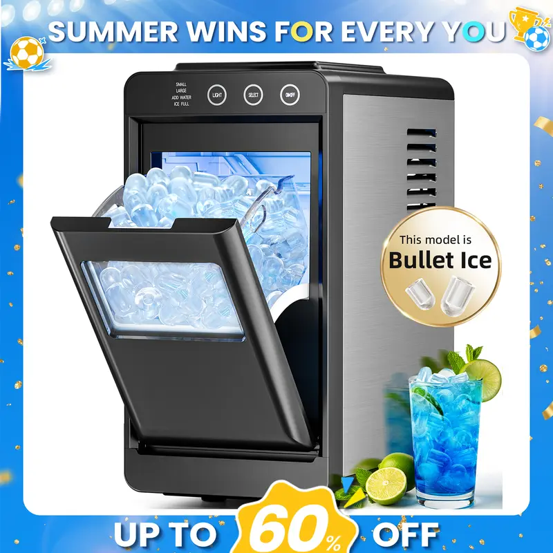 Electactic Portable Countertop Bullet Ice Maker for Residential Use, 26.5lbs/day, 8 Cubes in 6 Mins, 1.9L Dual Tanks (1.1L Top-Up, 0.8L Main Tank), 0.5kg Capacity, LED Control, Selectable Size, Auto-Cleaning Plastic Unit with Basket & Scoop for Home/RV
