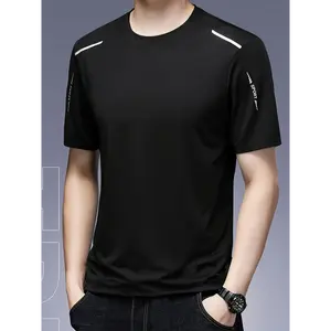 Men'S Summer Quick-Dry Sports T-Shirt, Crew Neck Polyester 89% Elastane 11%, Regular Fit, Alphabet Pattern, Woven Fabric, 100g/m² - Black