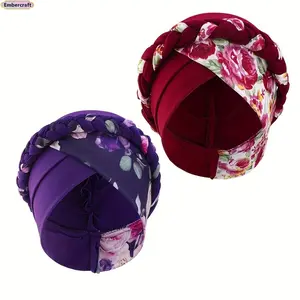 2PCS Boho Braided Head Scarf Hat for Women, Pre-Tied Cross Turban Hair Wrap, Printed Two-Tone Headwrap, Stretchy Comfortable Hair Cover for Daily Wear, Travel, Bad Hair Days, Chemo, Fashion Styling