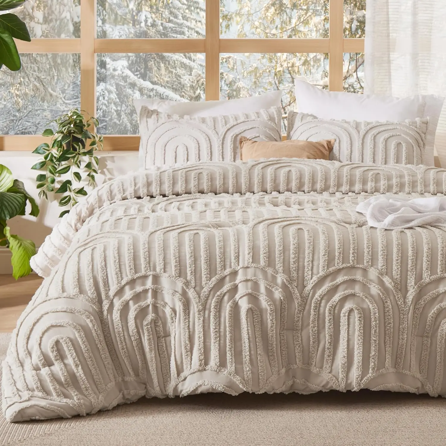 Boho Tufted Twin Comforter - Elegant Beige, 2 Farmhouse Embroidery Details, Fluffy Arch Pattern, Durable Polyester Microfibre, All-Season Bedding for Twin XL Size, Elegant Beige Bedding