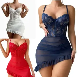Womens Sexy Lace Nightdress Lingerie Mesh Sheer Nightwear Sleepwear