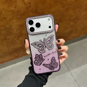 Electroplated frame imitation diamond gradient butterfly phone case, luxurious style, compatible with iPhone 17/16/15/14/13 pro/pro max/plus/air/e, fashionable protective cover, unique design suitable for daily use, protective shell, Casing