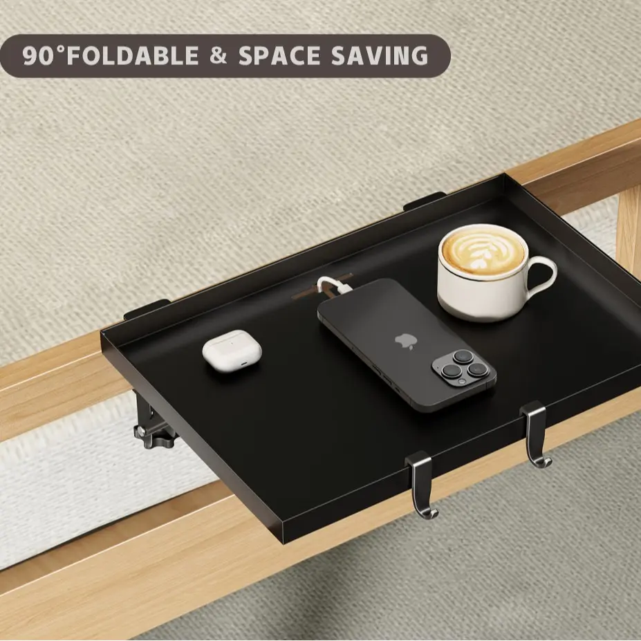 Clip-On Nightstand Bedside Storage Organiser Tray - 12.6x9.25in Foldable Carbon Steel Rectangular Metal Table, No-Drill Bed Frame Rack with Cable Holes & Hooks, Dorm Room Remote Holder Shelving, Foldable Metal Table
