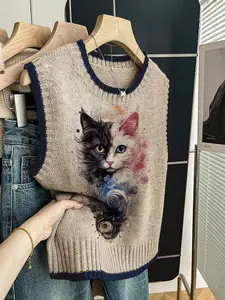 Women's Casual Loose-Fitting Round Neck Sleeveless Soft Knit Top Vests, Deep Blue Color Block Cat Print, Fall & Winter Fashion, Womenswear