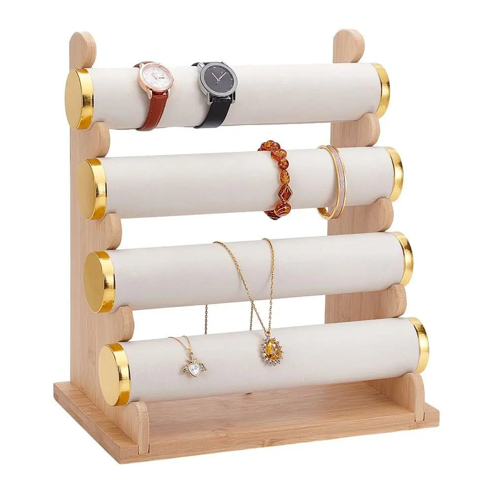 Velvet-Lined Sturdy Wood Jewelry Storage Unit, 4-Layer Detachable Compartment, Easy Installation, Bangle Bracelet Watch Display Stand for Home Decor, Gifting