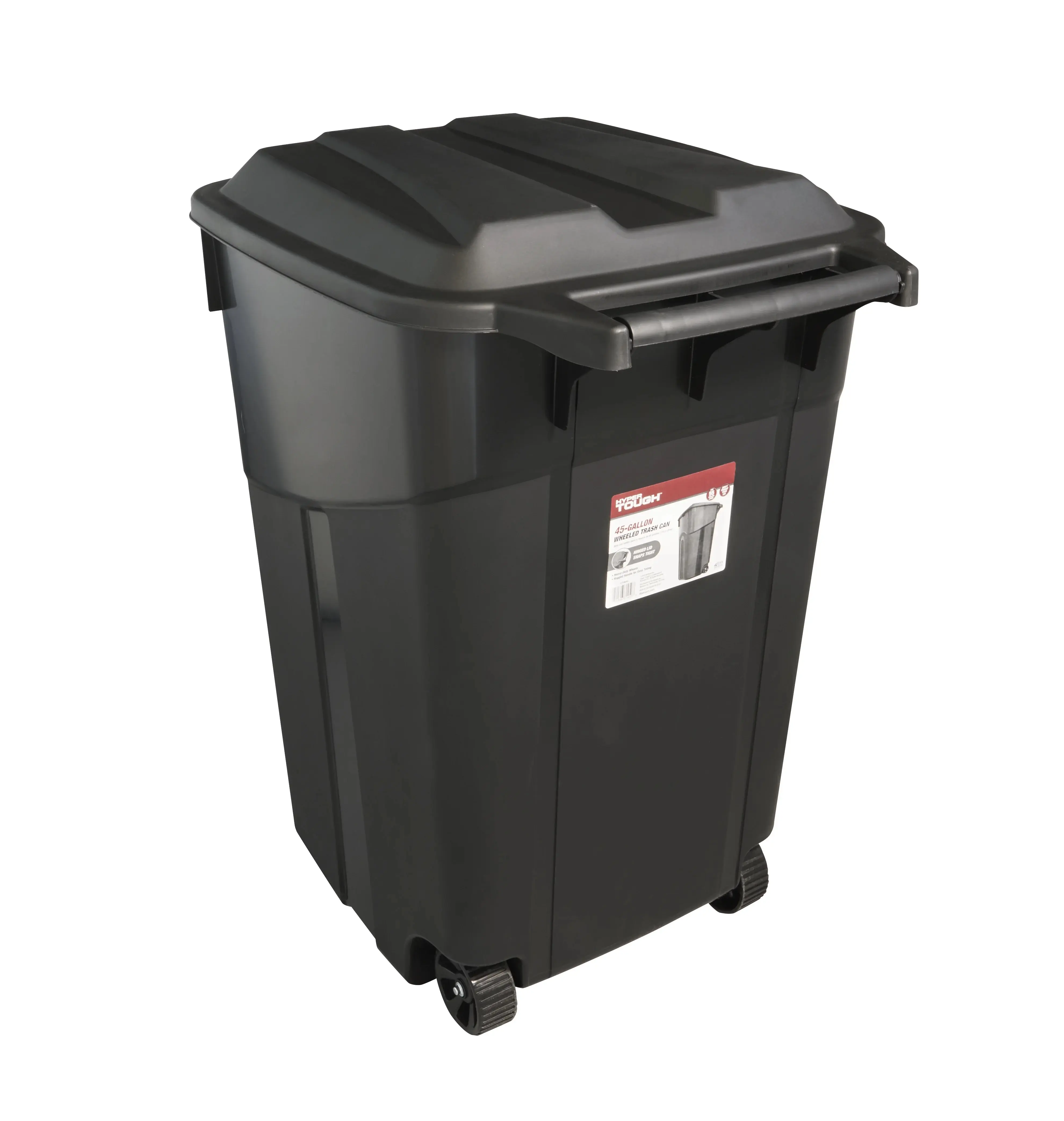 45 Gal Heavy Duty Plastic Garbage Can - Wheeled, Attached Lid, Black, All-Purpose Extra Large Rolling Lidded Protective Large Wheeled Outdoor Dustbin, All-Purpose Outdoor Dustbins, Extra Large Rolling Outdoor Dustbins
