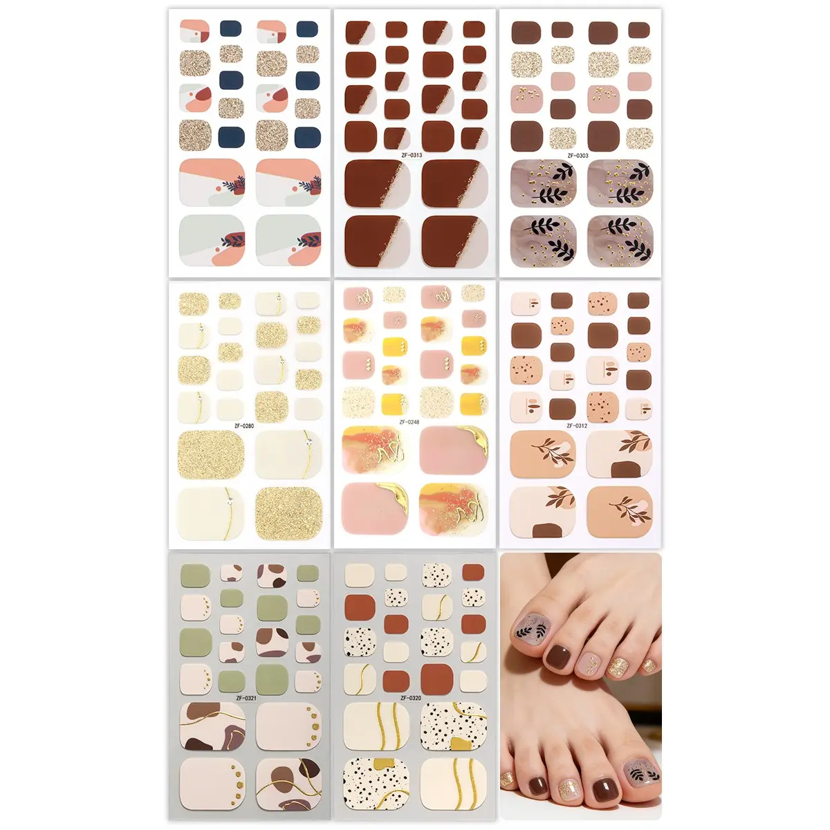 8-Piece Summer Plant Nail Polish Set, Shiny Gold Foil Self-Adhesive Toe Nail Stickers, Stick On Nails, DIY Home Nail Art Kit, Nail Art Supply for Women, Nail Art Design, Decorative Nails