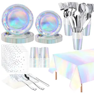 Reusable Party Tableware Set for 24 People, Silver Color Paper Plates Cups Napkins Cutlery Kit, Disco Single Woman Birthday Christmas Decorations