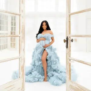 Elegant One Shoulder Long Transparent Pregnancy  Dress - Maternity Tulle Robe Gown for Bride Fashion Show Belly Personality Formal Occasions Comfortable Stretch Fabric Baby Shower Party Wear Maternity ClothingAPKd