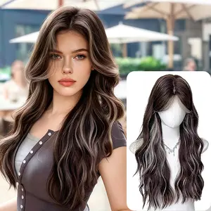 Lotfon Women's non-adhesive synthetic wig, Brown with white highlights big wave style, adjustable head circumference, comfortable fit, easy to wear, lightweight and breathable, instantly changes your style, suitable for daily wear and cosplay.