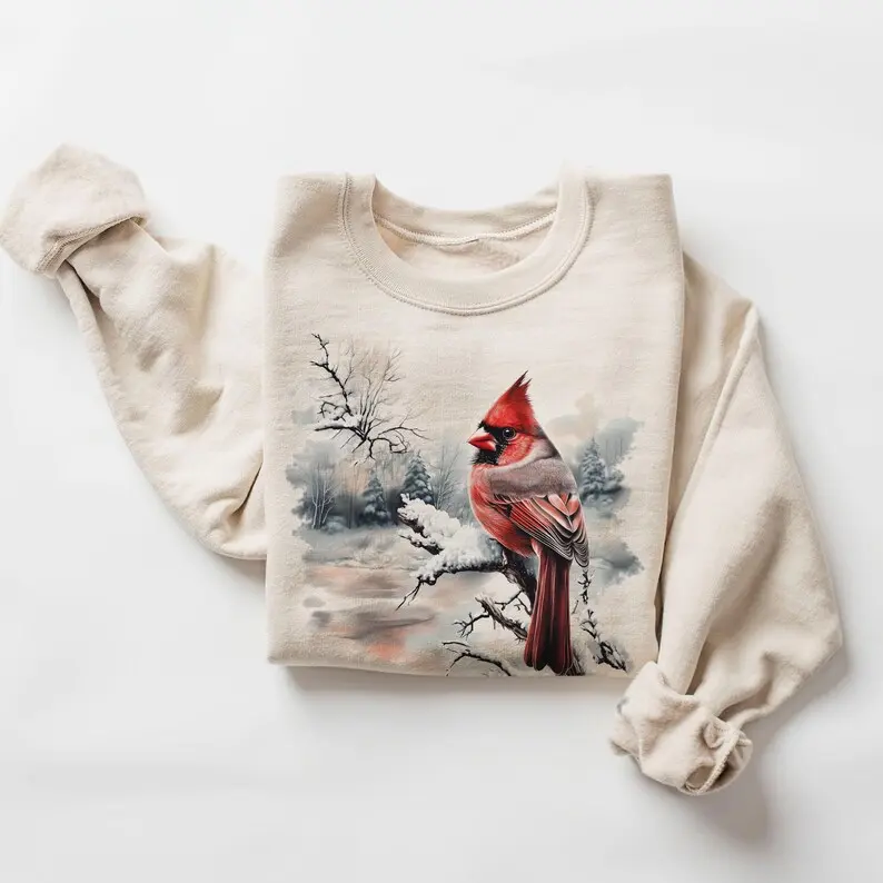 Vintage (Phuhi) Red Cardinal Winter Scene Sweatshirt - Nineties 90s Birding Bird Watching Outfit - Boho Unisex Adult and Youth T-shirt