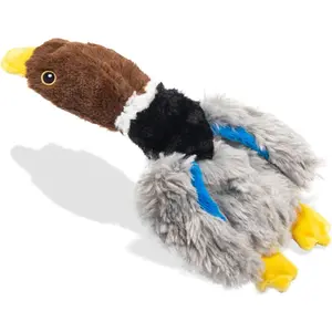 Extra-Plush Duck   with 2 Squeakers & Crinkle - No Stuffing Gentle Chewer Squeaker for Calming Play, Soft  for Puppies to Senior Dogs (Long Pile, Brown & Grey)