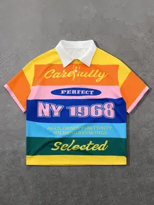 American Retro Colorblock Striped Polo Shirt, Fitted, Casual Street Style, 90s Trend, Long Sleeve, Plaid Pattern, Button Collar, Streetwear
