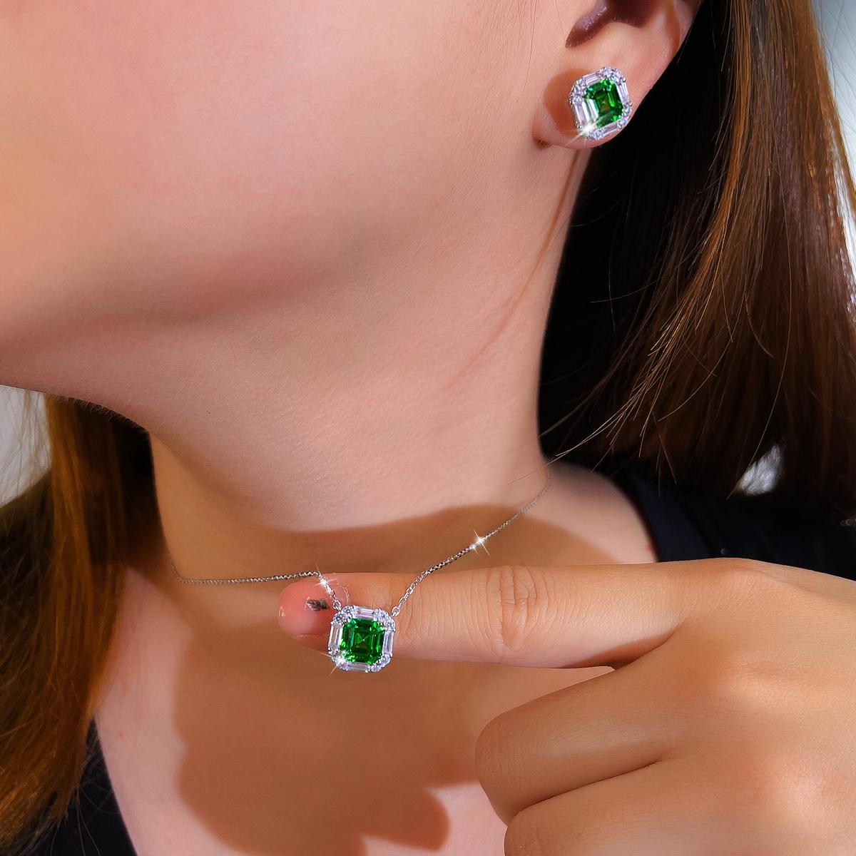 925 Sterling Silver Asscher‑Cut Green Zircon Jewelry Set, Halo Pendant Necklace & Stud Earrings, Vintage Emerald‑Style Luxury Fine Jewelry For Wedding, Banquet, Birthday, Daily Wear & Gift