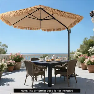 9.5ft Tropical-Style Outdoor Umbrella (Natural+Black) - 2-Tier Vented, Sun Protection, Backyard/Poolside Decor