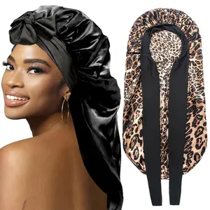 Women's Satin Silk Braid Bonnet - 2 Count Large Long Sleep Cap with Stretchy Tie Band for Braids Elastic Soft Premium Designed Hats (Black&Pink)