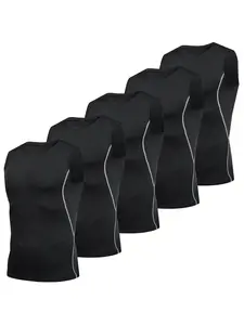 Men's 5pcs Solid Round Neck Sports Vest, Breathable Quick Drying Compression Vest, Sports Fitness Vest, Slim Fit Crew Neck Sleeveless Top for Gym Workout Running, Athletic Workout Clothing