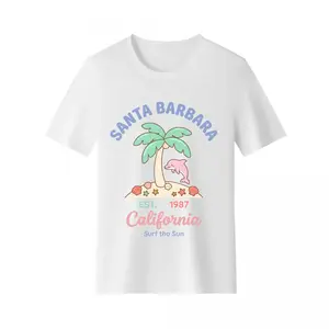 Women's Short-Sleeve Dolphin Palm Tree Graphic T-Shirt - Breathable, Casual, Comfy, Cute Light Loose Fabric Top, Santa Barbara California Viral Print for Beach Vacations, Everyday Wear