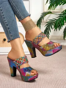 Women's Elegant Hollow Out Knitted High Heel Sandals, Round Toe Cone Heels, Artificial Leather, Medium Width, Less Than Ankle Height