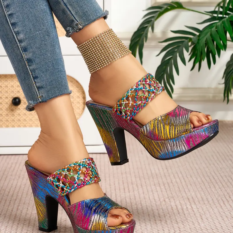 Women's Elegant Hollow Out Knitted High Heel Sandals, Round Toe Cone Heels, Artificial Leather, Medium Width, Less Than Ankle Height, Faux Leather Sandals