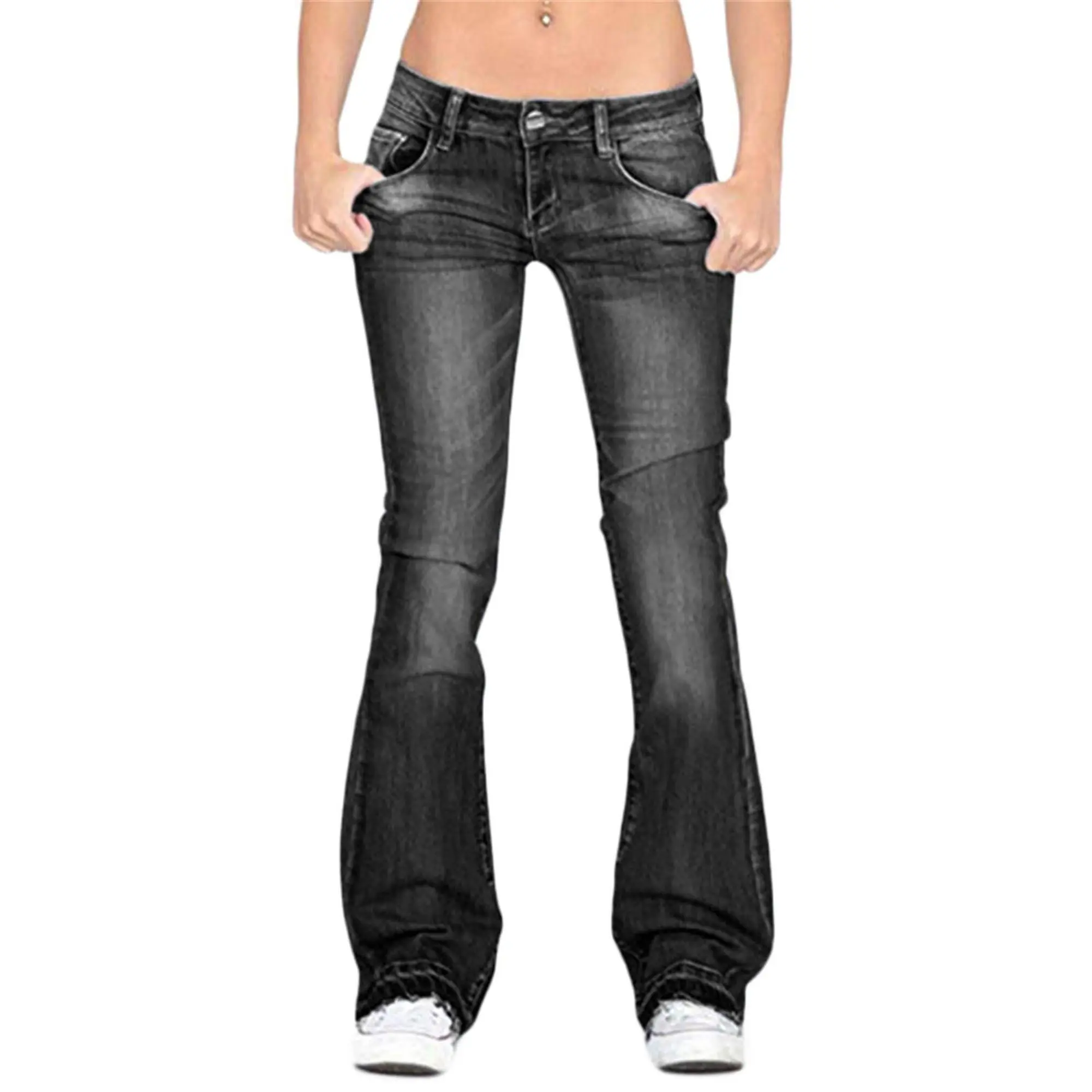 Generic Andongnywell Ladies Mid Waisted Stretchy Elastic Bell Bottom Jeans Womens Flared Wide Leg Denim Pants Trousers (BlackX-Large)