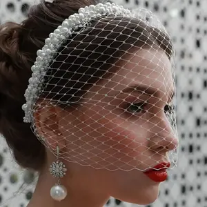 Elegant JM26 Tulle Cage Veil with Pearls, Fashionable Bride's Headband, Princess Style Wedding Birdcage Veil, Hand Wash Only, Polyester & Spandex, No Print, Bridal Accessories