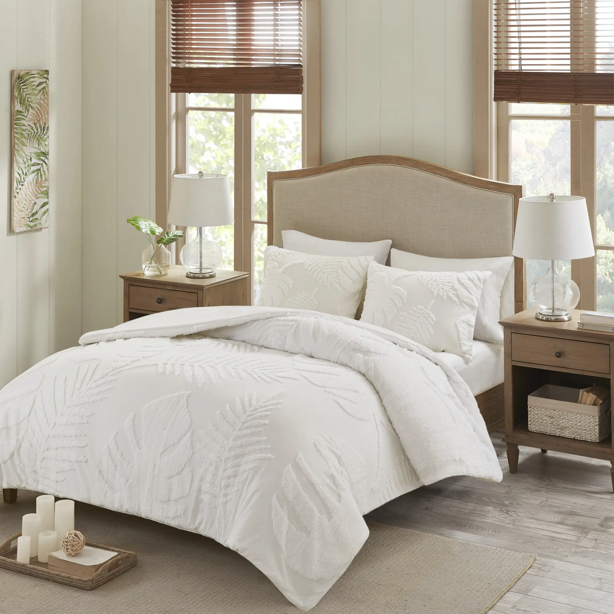 3-Piece Cotton Chenille Duvet Cover Set with Palm Design, Full/Queen, Soft Tufted Texture, Breathable Bedding, Includes Duvet Cover and Two Shams