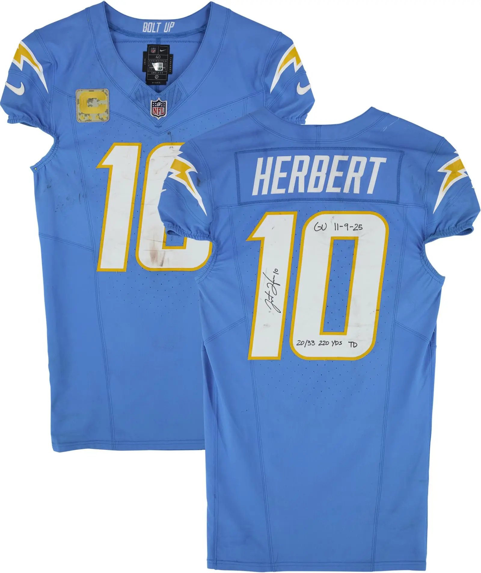 Justin Herbert Los Angeles Chargers Autographed Game-Used #10 Blue Jersey vs. Pittsburgh Steelers on November 9, 2025 with Multiple Inscriptions - Fanatics Authentic Certified