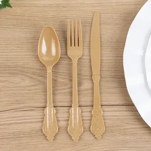72 Pcs Plastic Silverware Set Matte Gold in Baroque Style - Heavy Duty Disposable Knife, Fork, and Spoon Set