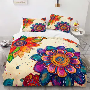 Three-piece Bohemian-style flowers pattern quilt cover set, Breathable Duvet Set. The 3-piece set includes 1 quilt cover and 2 pillowcases (without quilt core and pillow core). It is soft and breathable, suitable for bedrooms, etc. Boho Bed Set