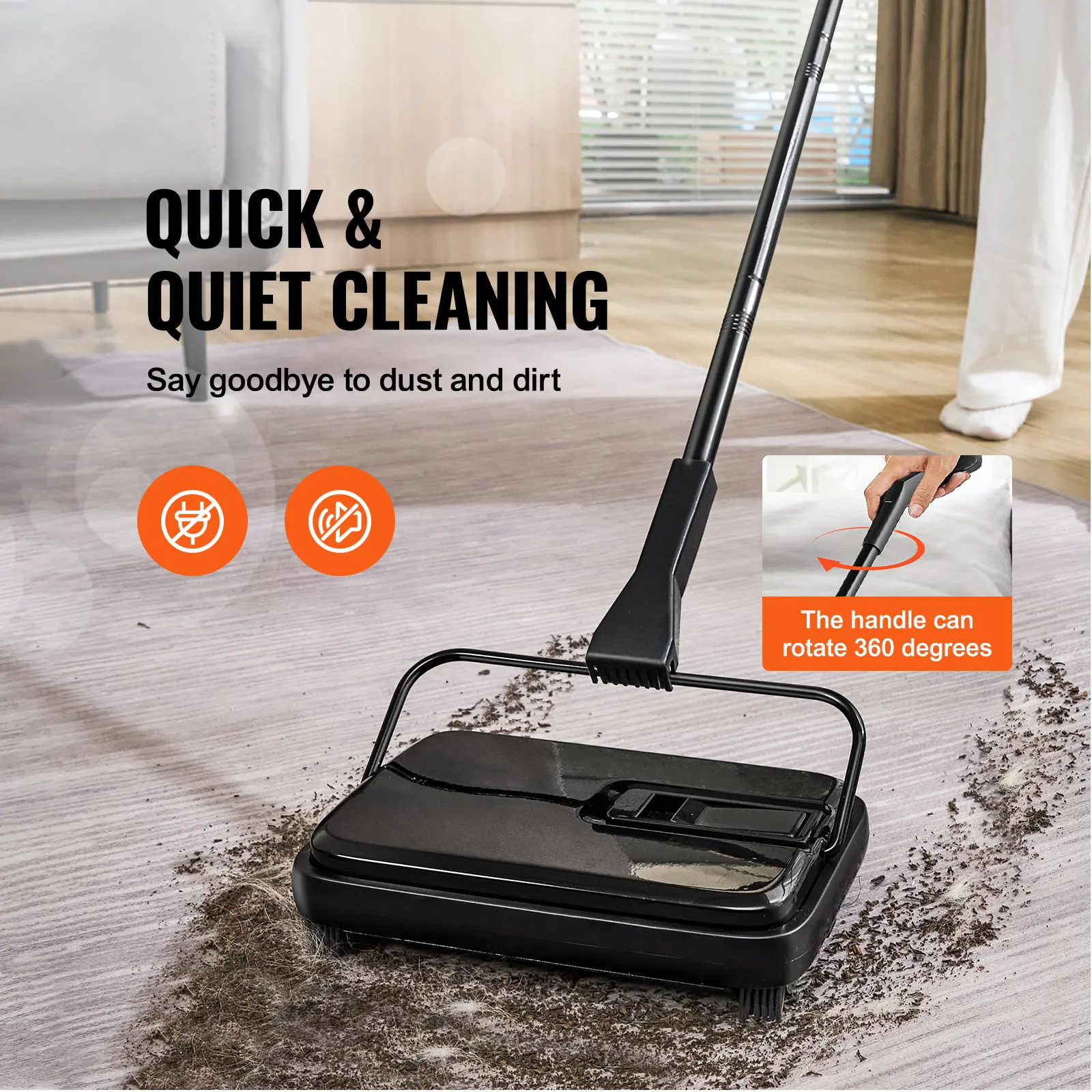 Manual Non-Electric Carpet Sweeper with User-Friendly Design - 7.87 in Sweeping Path, 300 ml Dustbin Capacity, Comb Included - for Home, Office Hardwood, Wood, Laminate Floors, Rugs to Clean Dust, Pet Hair