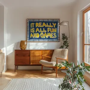 It Really is All Fun and Games Unframed Poster - Blue and Yellow Playroom Wall Art Print - Modern Kids Room Typography Decor - Playful Nursery Illustration