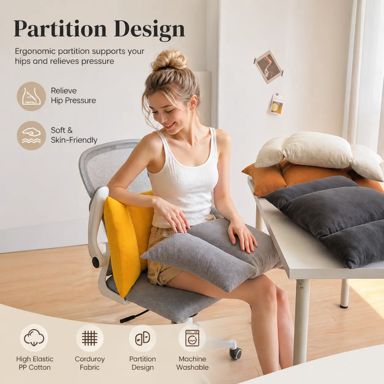 Ergonomic Polyester Lumbar Support Pillow for Office Chair & Car - Breathable Lower Back Pain Relief Cushion, Posture Corrector, Long Sitting Comfort, Aesthetic Design Desk Chair Backrest for Home Office