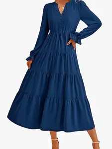 A women's V-neck button decoration retro elegant overall version waist multi-layer ruffle dress, suitable for autumn and winter, suitable for retro commuting style, dinner party style and other styles, Long Sleeve Dresses