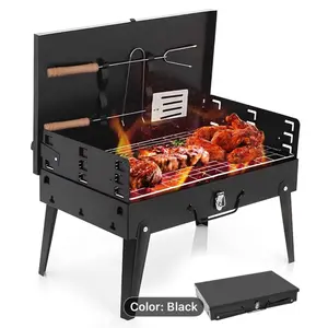 Backyard Buddy, Portable Charcoal Grill with Hood - Compact folding grill for outdoor picnics and backyard cooking, accessories included.