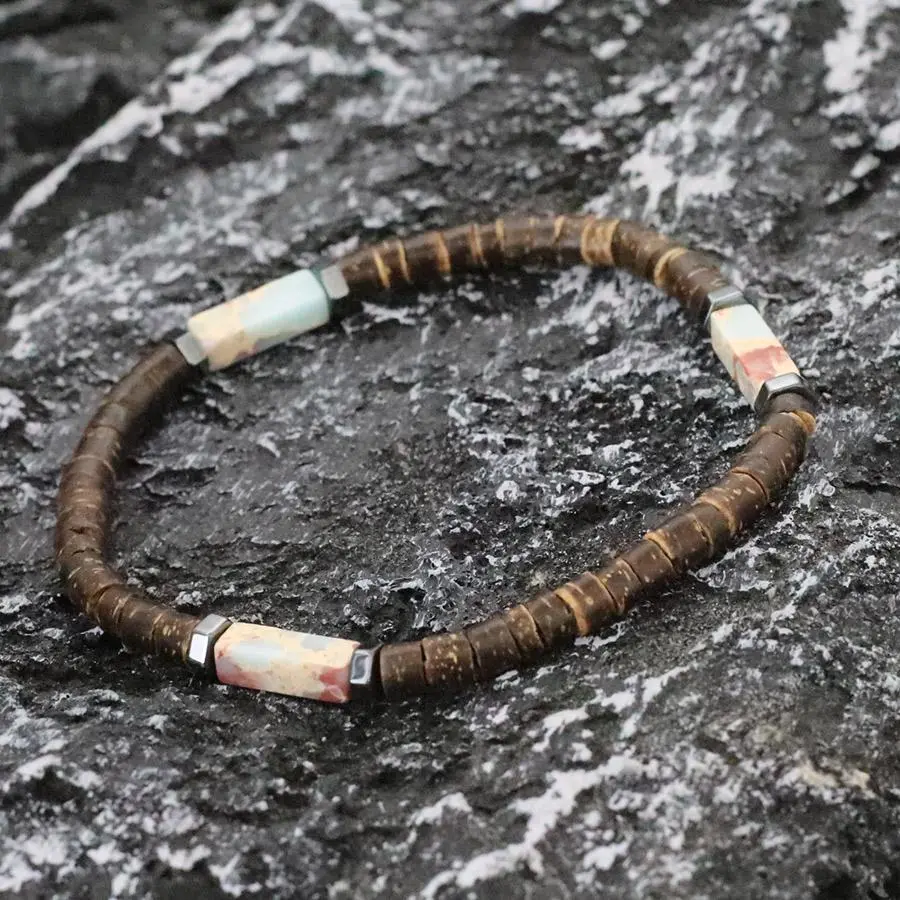 FASHION4U - New Natural Coconut Husk Bracelet For Men Premium Tiger Eyes Black Flash Gemstone Stretch Beaded Braclet Yoga Wooden Braslet