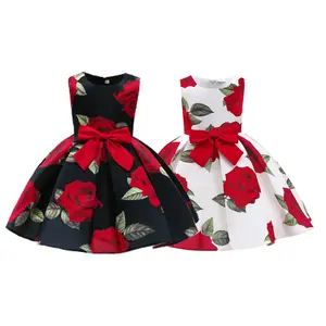 Princess Dress For 2-10y Girls Rose Print Bow Sleeveless Round Neck Dress Performance One Piece Party Dress ZT-8126