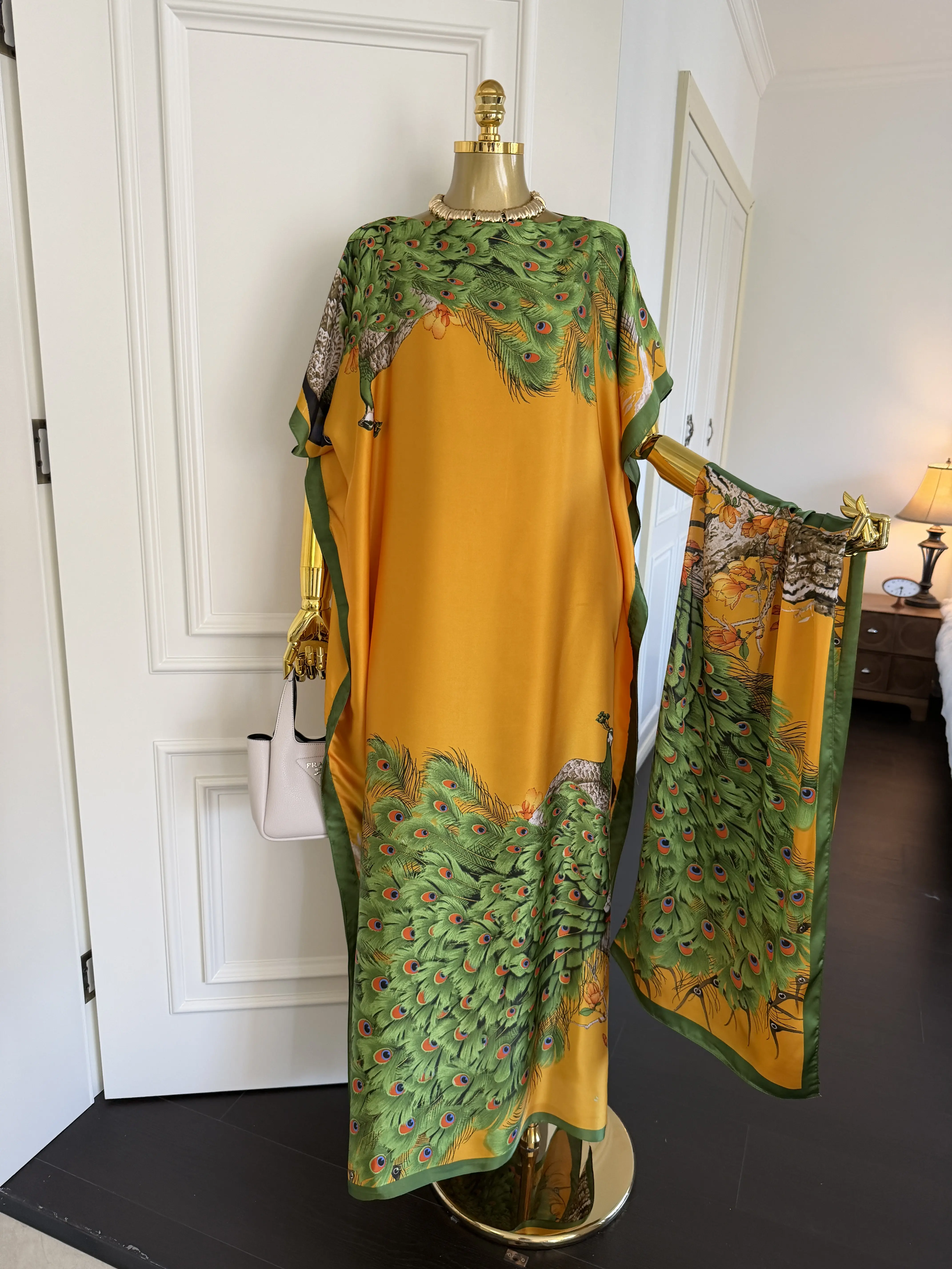 Women's Blue-Yellow Peacock Print Cape Shawl & Long Scarf Set, Quick Beach Layer, Elegant Swimsuit Cover-Up for Holiday Vacations, Long Scarf Drape