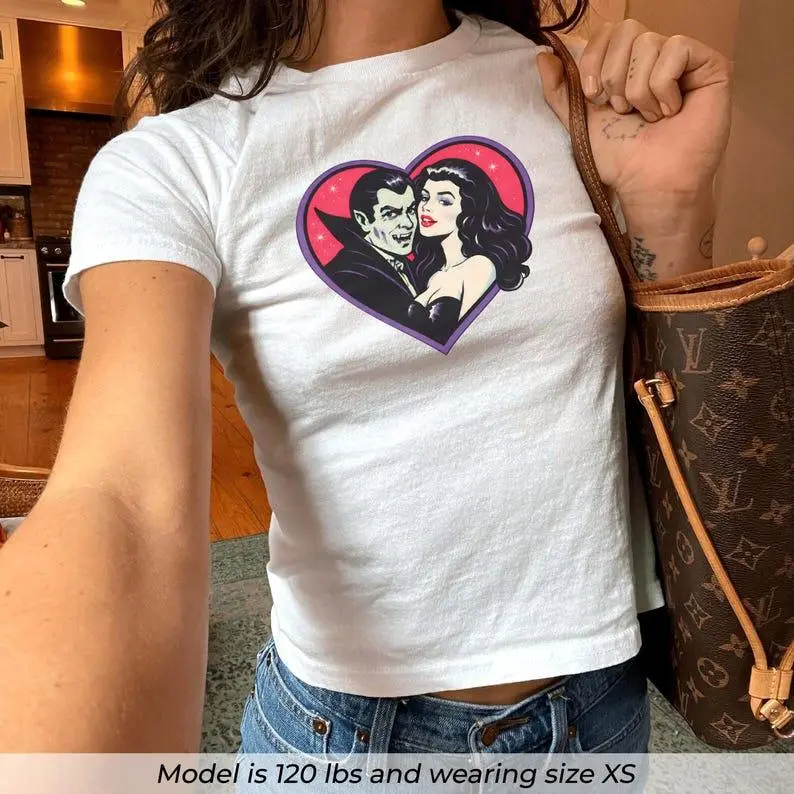 Vintage Vampire Baby Tee, Retro Gothic Halloween Graphic Shirt, Dark Fantasy Vampire Top, Y2K Spooky Season Baby Tee for Women