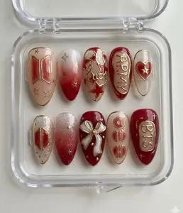 Handmade BTS ARMY Kpop Idol-Inspired Red Gold Press On Nails