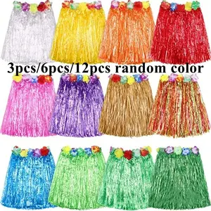 Hawaiian Grass Skirt Dance Costume Set, Random Color, Perfect for Birthdays & Parties, Party Supplies, 3pcs/6pcs/12pcs