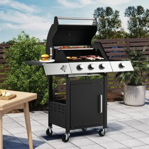 3-Burner Outdoor Barbeque Grill - Side Burner & Cast Iron Grates, 43.3"x43.3" Cooking Area, 36, 000 BTU Output, Lockable Universal Wheels, Black Camping Grill
