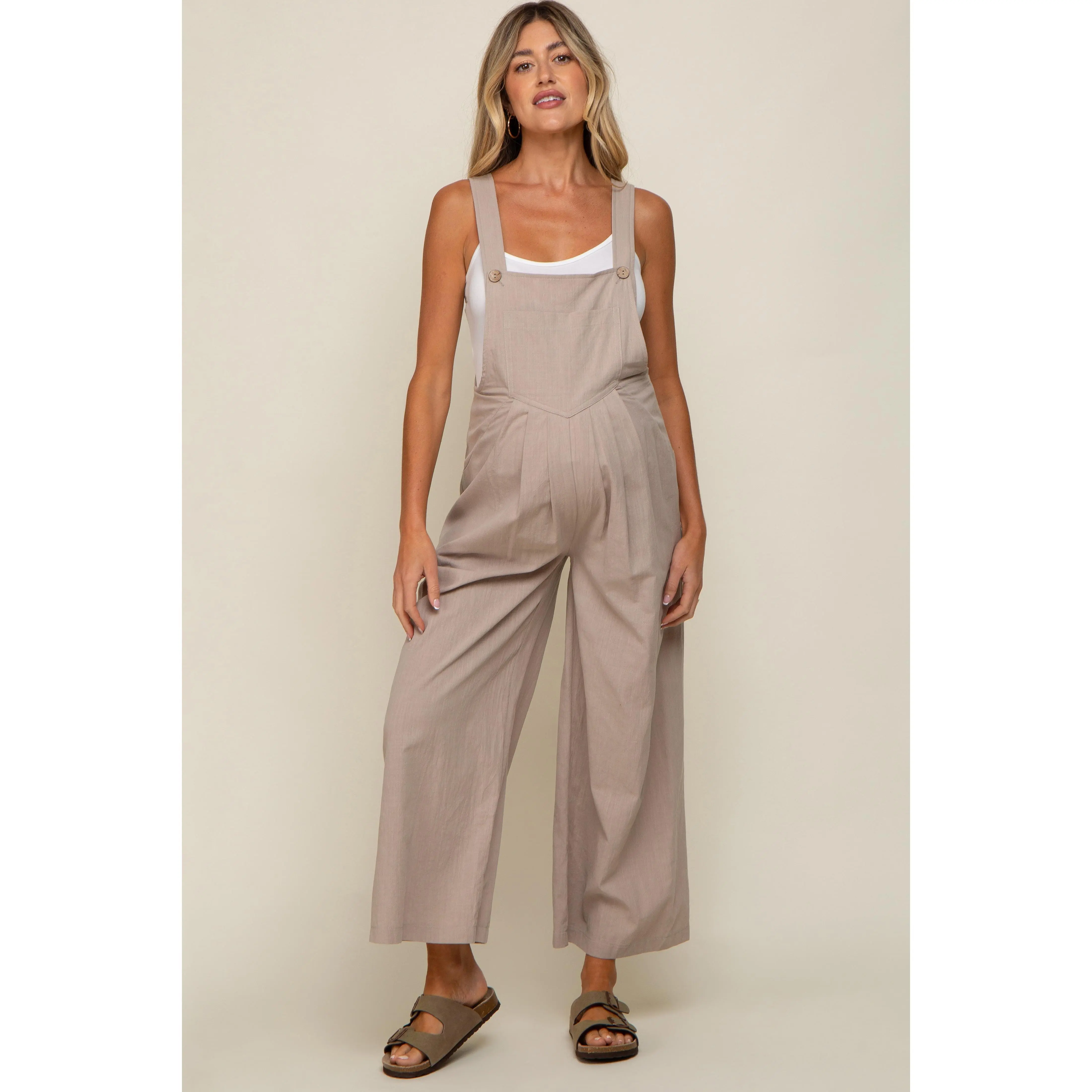 Women's Maternity Overall, Casual Taupe Linen Blend Clothes with a Pleated Front and Adjustable Straps, Bump Friendly Outfits to Dress the Bump, Pregnancy, Bump Style