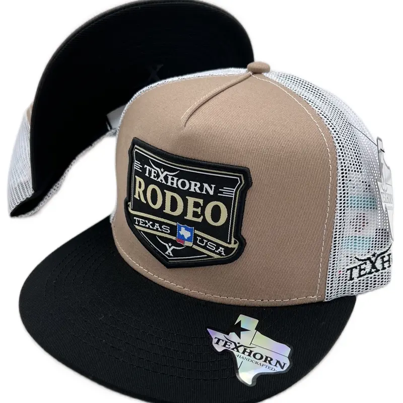 Texhorn Rodeo Hat Handcrafted with Black Mesh and Beige Fabric, Featuring Logo and "TEXHORN" Text, Adjustable Fit
