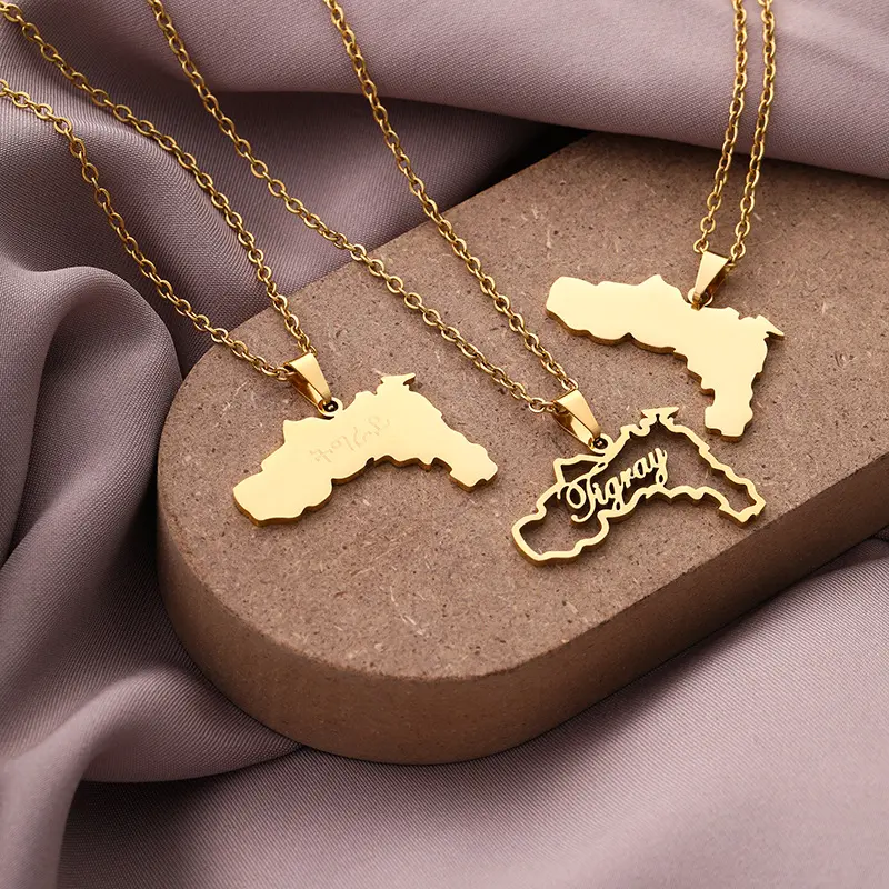 Solid Ethiopia Map Pendant Necklace - Stainless Steel Tigray Design, Unisex Ethiopian Ethnic Jewelry Accessory for Male and Female