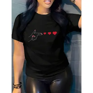 Women's Casual Athletic Tops - Graphic Heart Print Short-Sleeve Round Neck Clothes, Breathable Fabric, Comfortable Fit for Spring & Summer Sports & Outdoor Wear